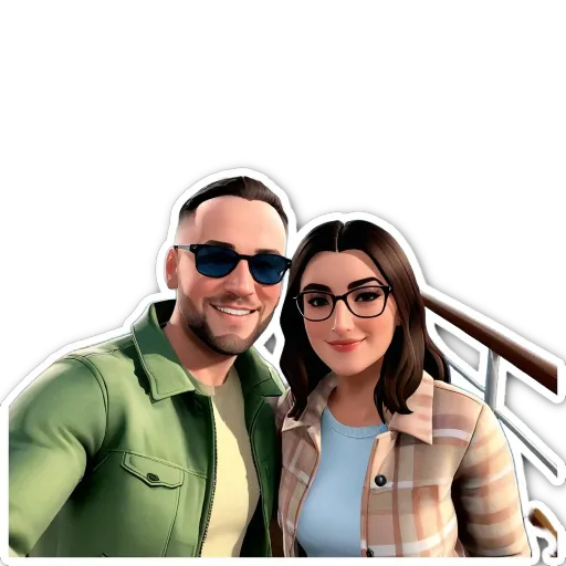 A man and a woman wearing glasses and smiling.