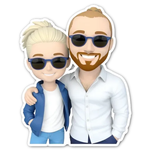 A boy and girl character from a 3d model with sunglasses and a white button down shirt.