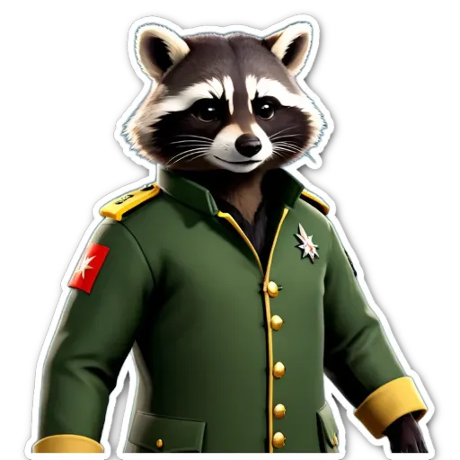 A raccoon in a green jacket with a flag on the chest.
