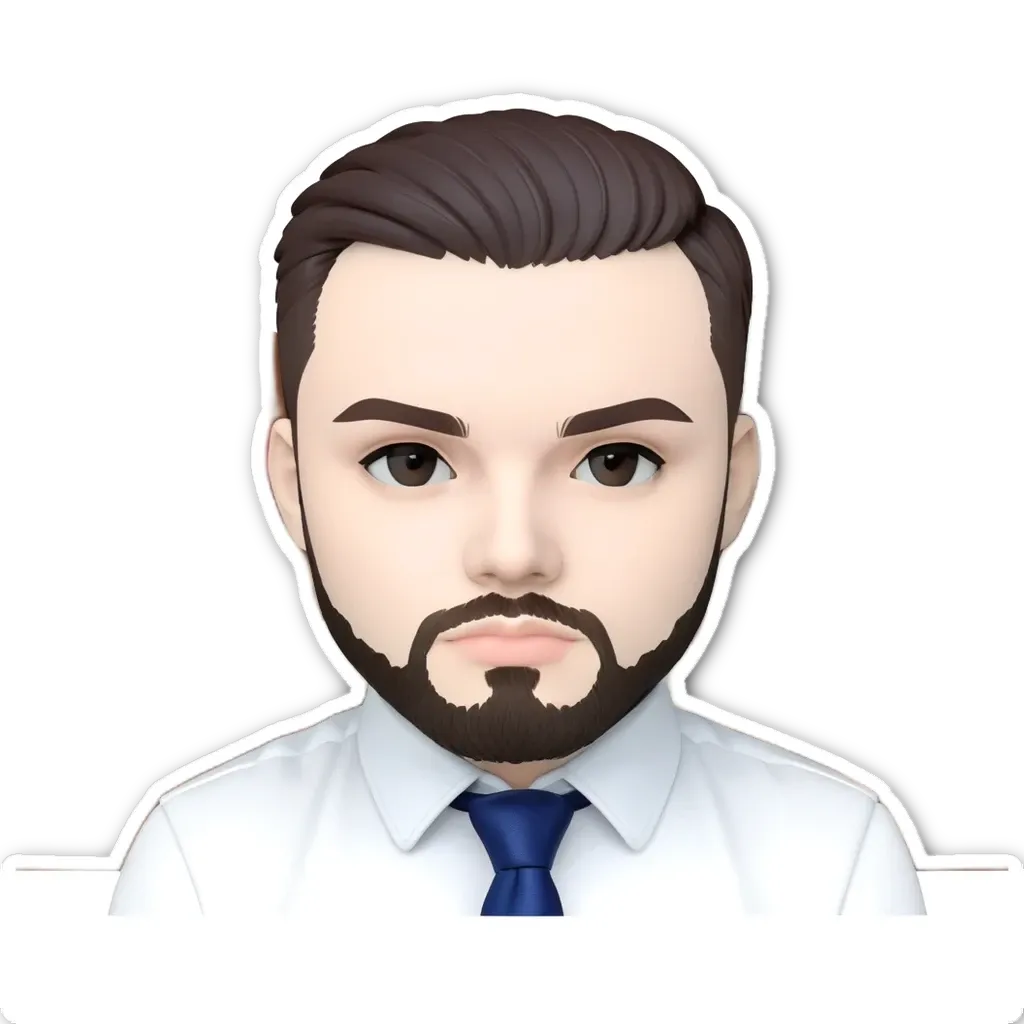 A sticker of a man with a blue tie and a mustache.