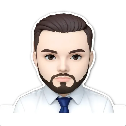 A sticker of a man with a blue tie and a mustache.