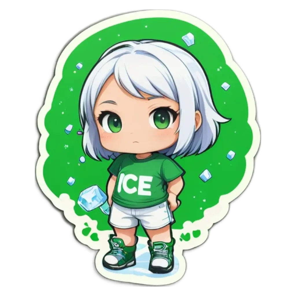 A girl with white hair and a green shirt that says ice.