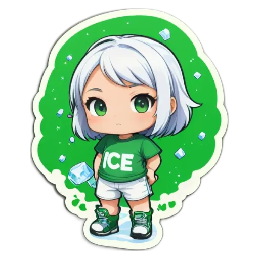 A girl with white hair and a green shirt that says ice.