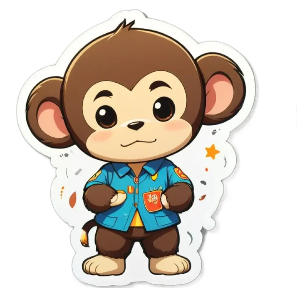 A monkey wearing a blue shirt and standing up.