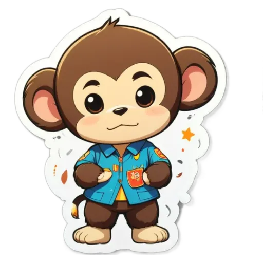 A monkey wearing a blue shirt and standing up.