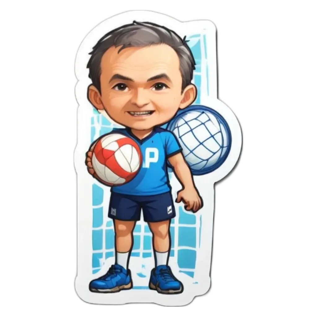 A cartoon depiction of a man holding two volley balls.