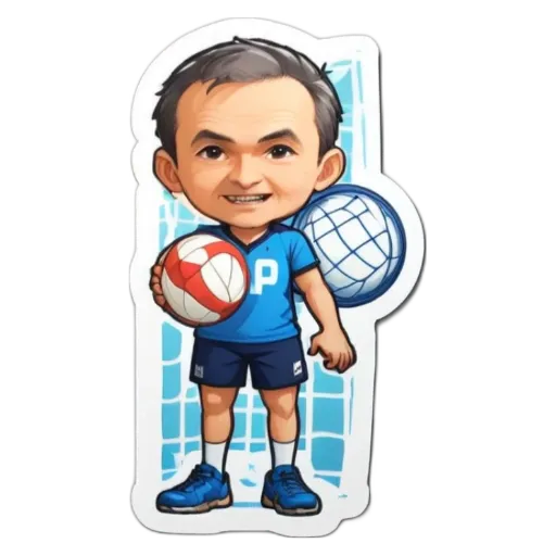A cartoon depiction of a man holding two volley balls.
