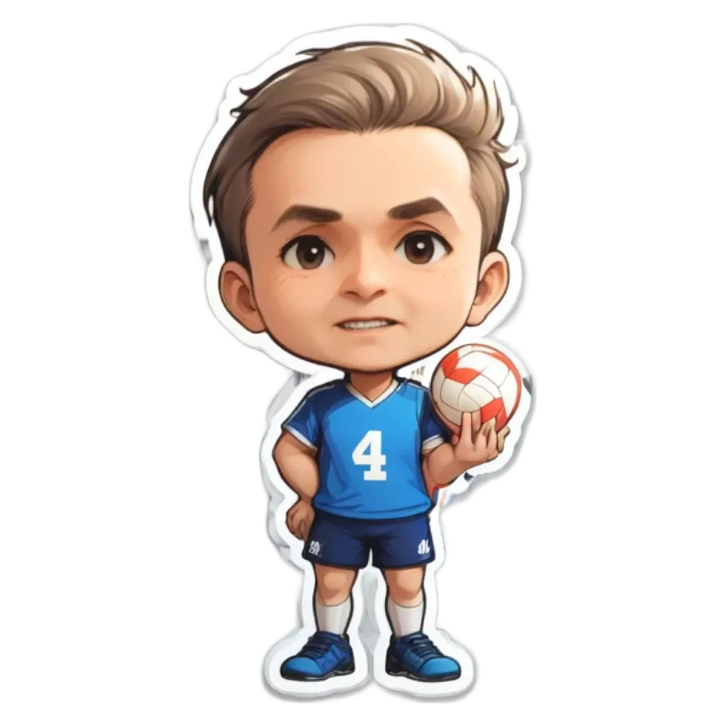 A boy who is wearing a blue and white shirt and holding a volleyball.