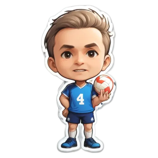 A boy who is wearing a blue and white shirt and holding a volleyball.