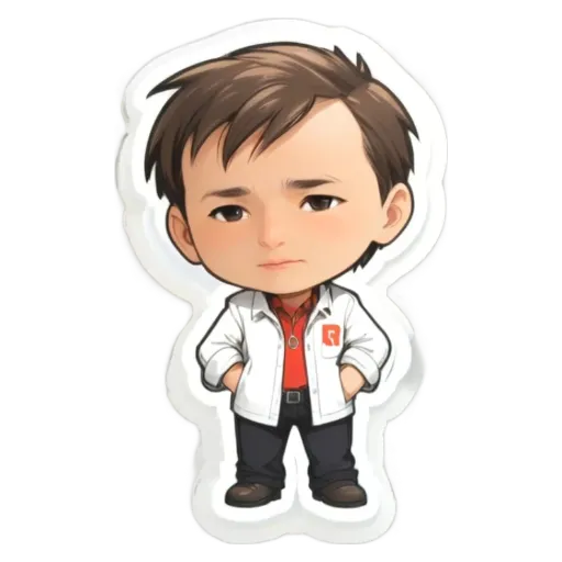 A cartoon image of a man wearing a lab coat with a red pocket on the left side of his body.