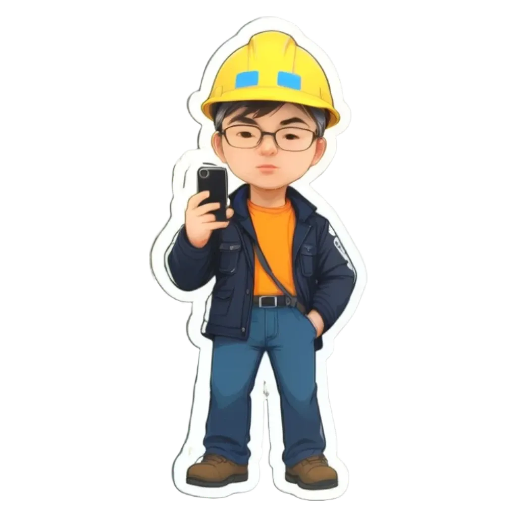 A boy wearing a yellow hard hat is holding a cell phone.