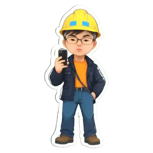 A boy wearing a yellow hard hat is holding a cell phone.