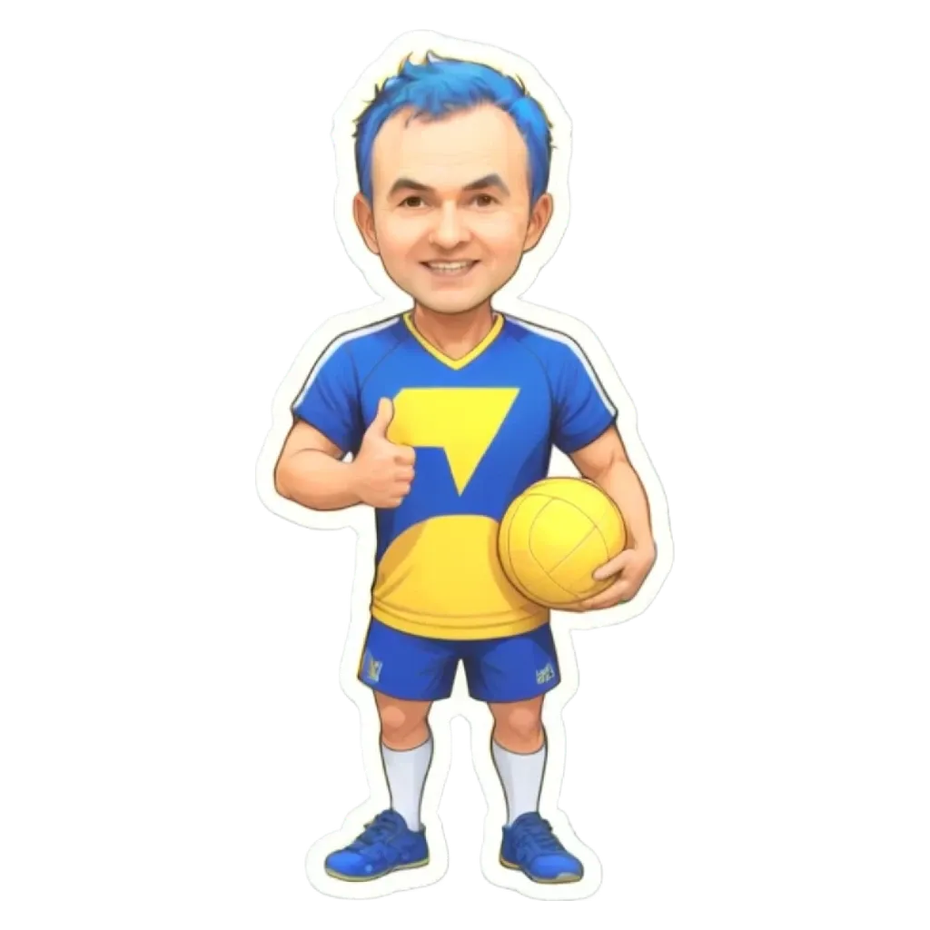 A boy wearing a blue and yellow shirt with a sports ball in his right hand.