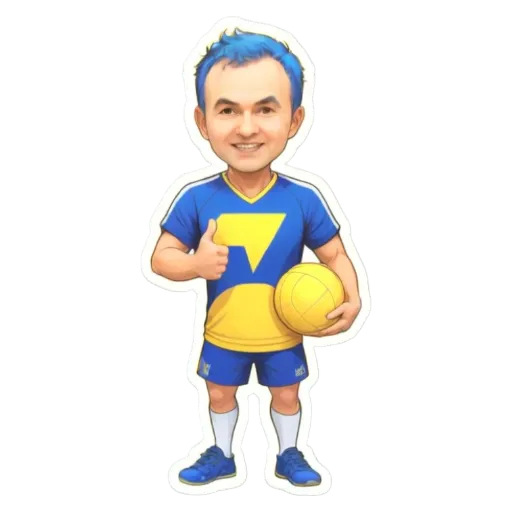 A boy wearing a blue and yellow shirt with a sports ball in his right hand.