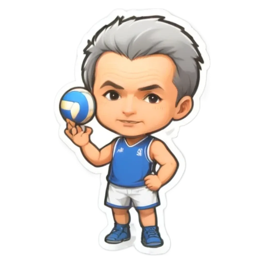 A boy is holding a volleyball and wearing a blue and white outfit.