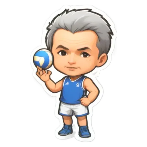 A boy is holding a volleyball and wearing a blue and white outfit.