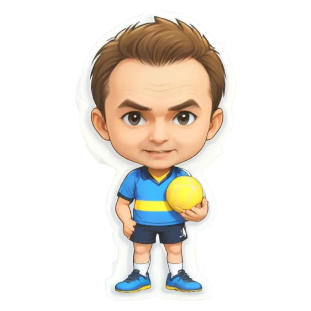 A boy is holding a yellow ball in his blue and yellow shirt.