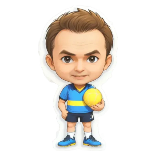 A boy is holding a yellow ball in his blue and yellow shirt.
