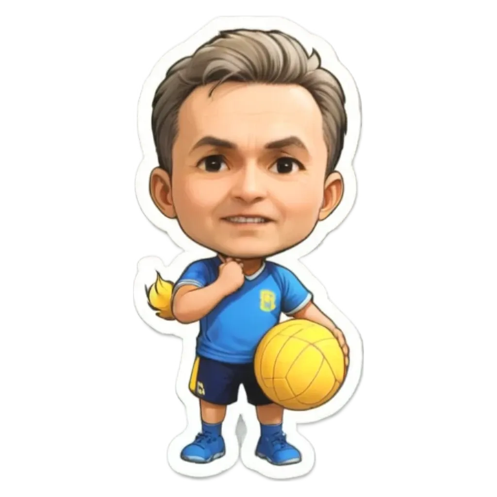 A boy is holding a ball with a sticker that has his picture on it.