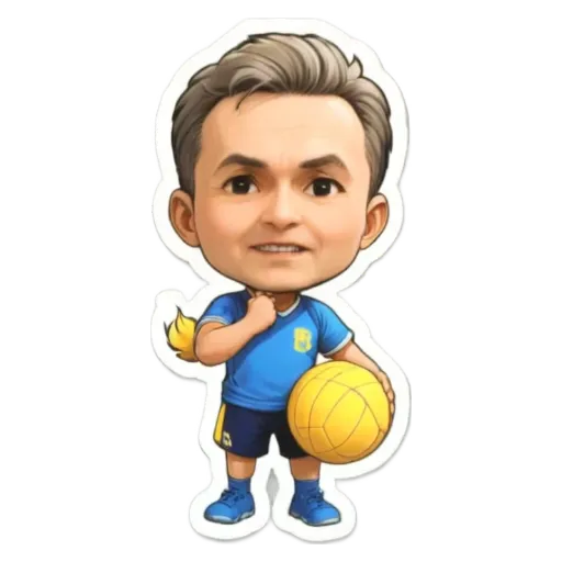 A boy is holding a ball with a sticker that has his picture on it.