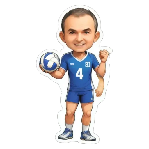 A cartoon depiction of a man playing volleyball in the number 4 jersey.