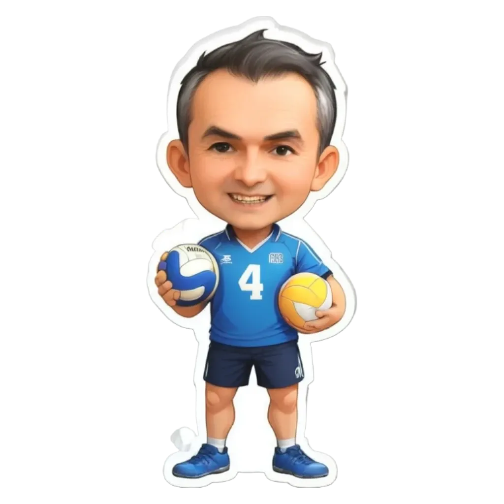 A cartoon depiction of a man holding volley balls.