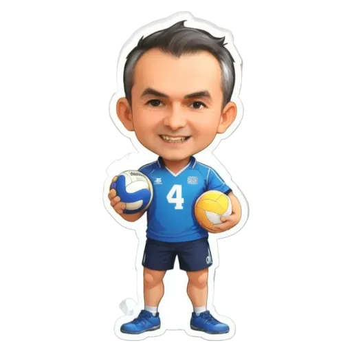 A cartoon depiction of a man holding volley balls.