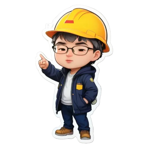 A child wearing glasses and a hard hat pointing to something.
