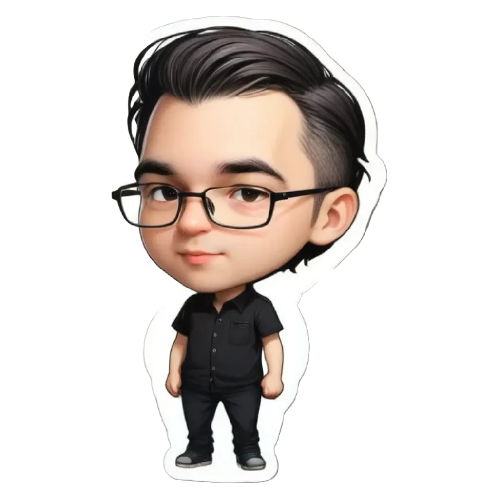 A boy wearing glasses is standing in front of a white background.
