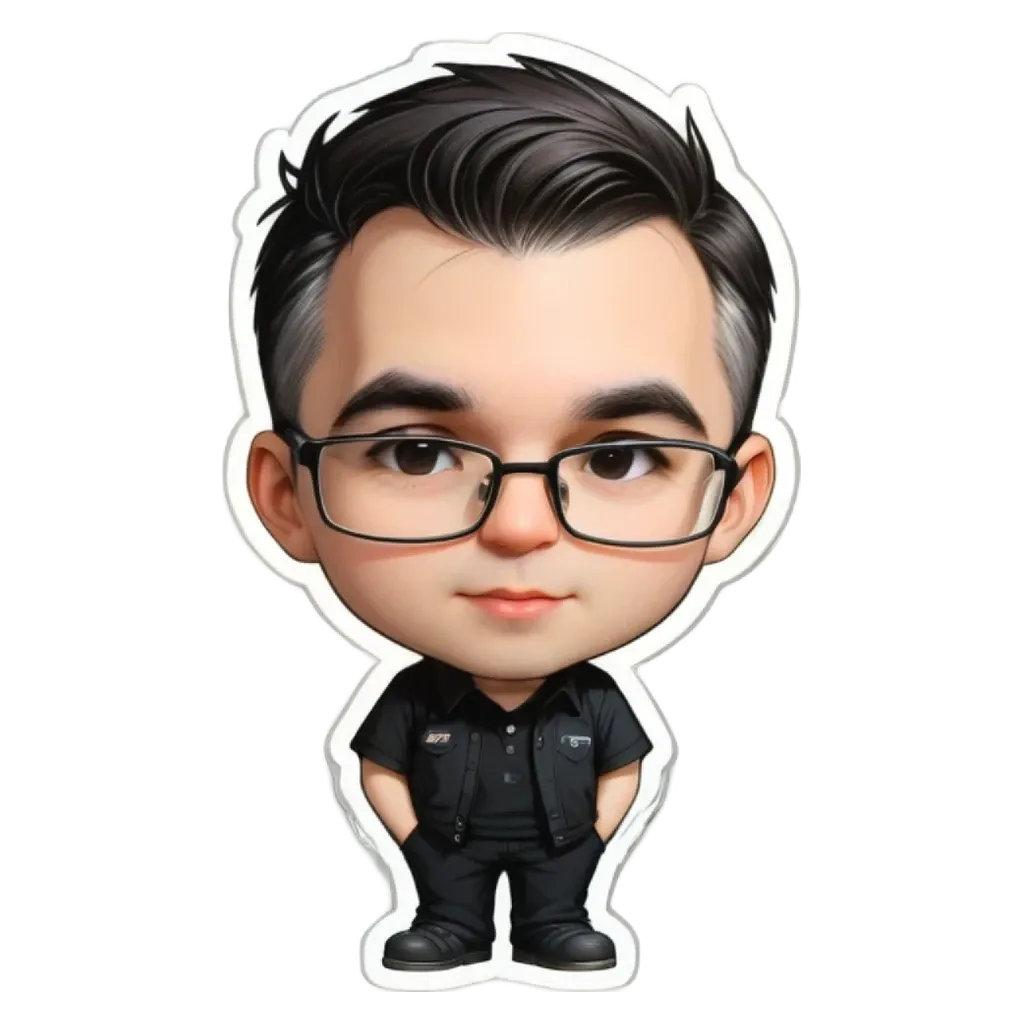 A boy wearing glasses is standing on a black and white background.