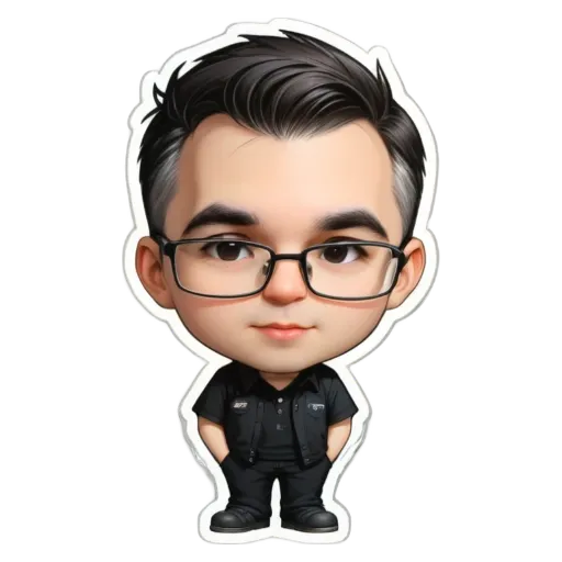 A boy wearing glasses is standing on a black and white background.
