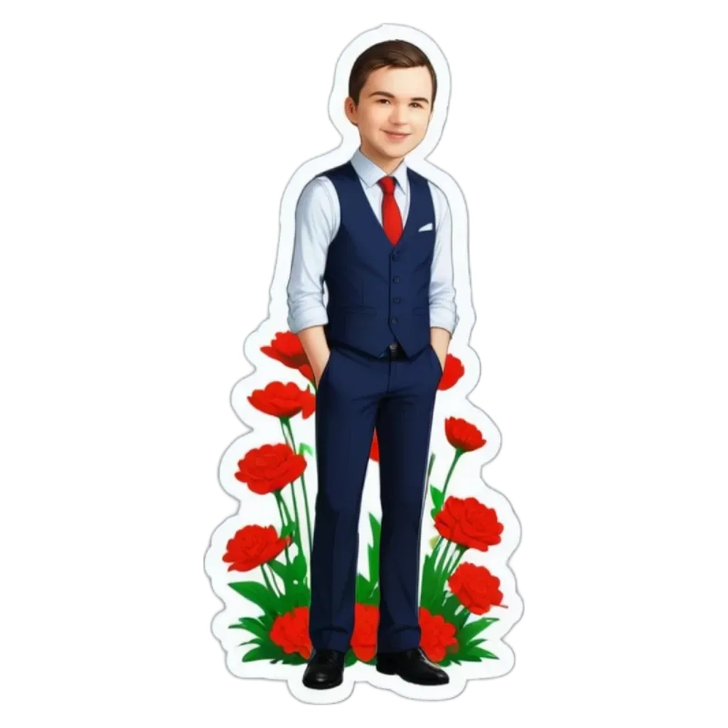A boy wearing a suit and tie standing in front of flowers.