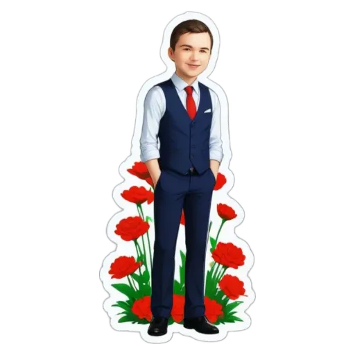 A boy wearing a suit and tie standing in front of flowers.