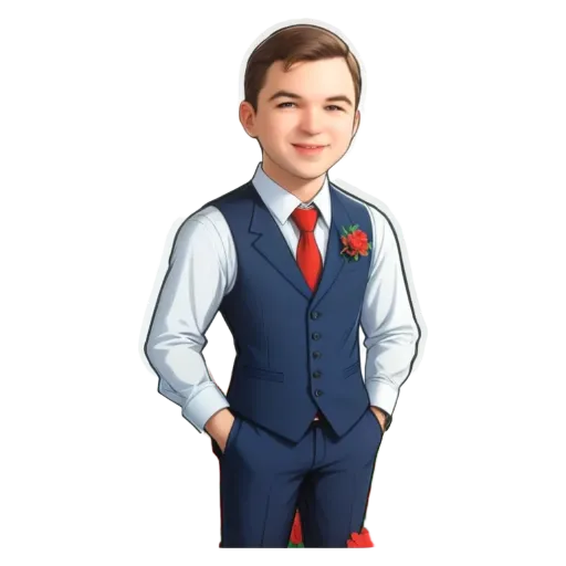 A cartoonish drawing of a boy wearing a suit and red tie.