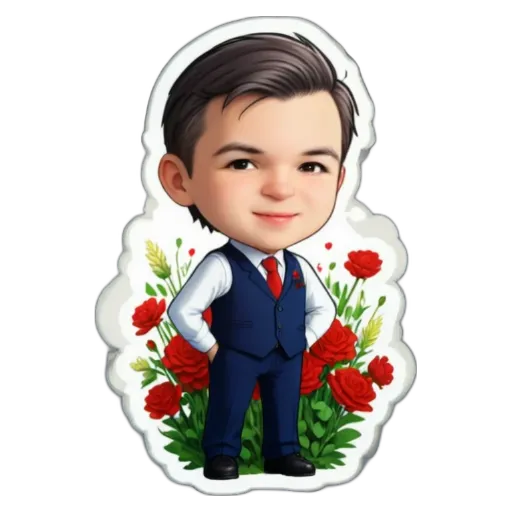 A child wearing a suit and tie with flowers on his lapel.