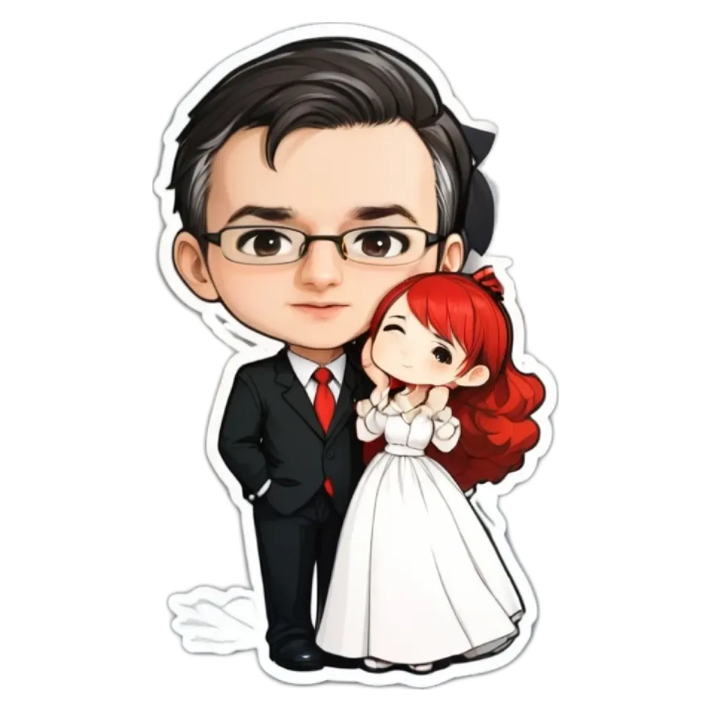 A cartoon image of a man and woman wearing wedding clothes.