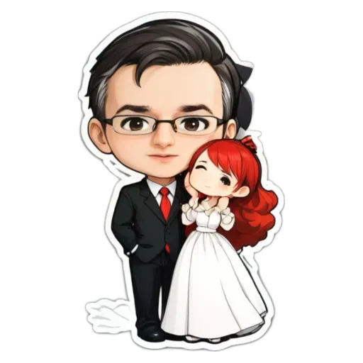 A cartoon image of a man and woman wearing wedding clothes.