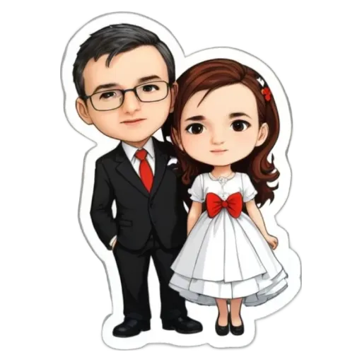 A cartoon image of a man and woman wearing wedding clothes.