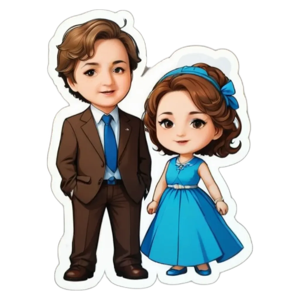 A boy and girl stickers are on a black and white background.