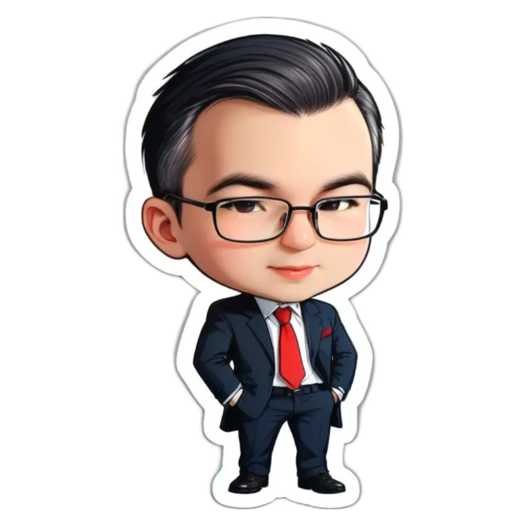 A cartoon character wearing glasses and a suit with a red tie.