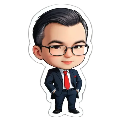 A cartoon character wearing glasses and a suit with a red tie.