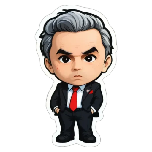 A small cartoon man in a suit with a red tie.