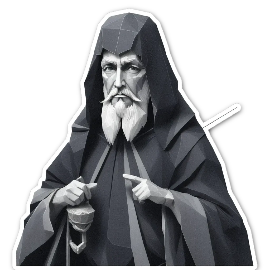 A sticker of a old man with a long beard holding a staff.