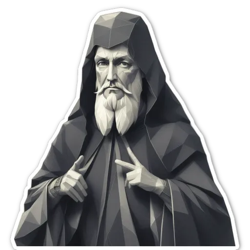 A polygonal man with a long beard pointing to his right.