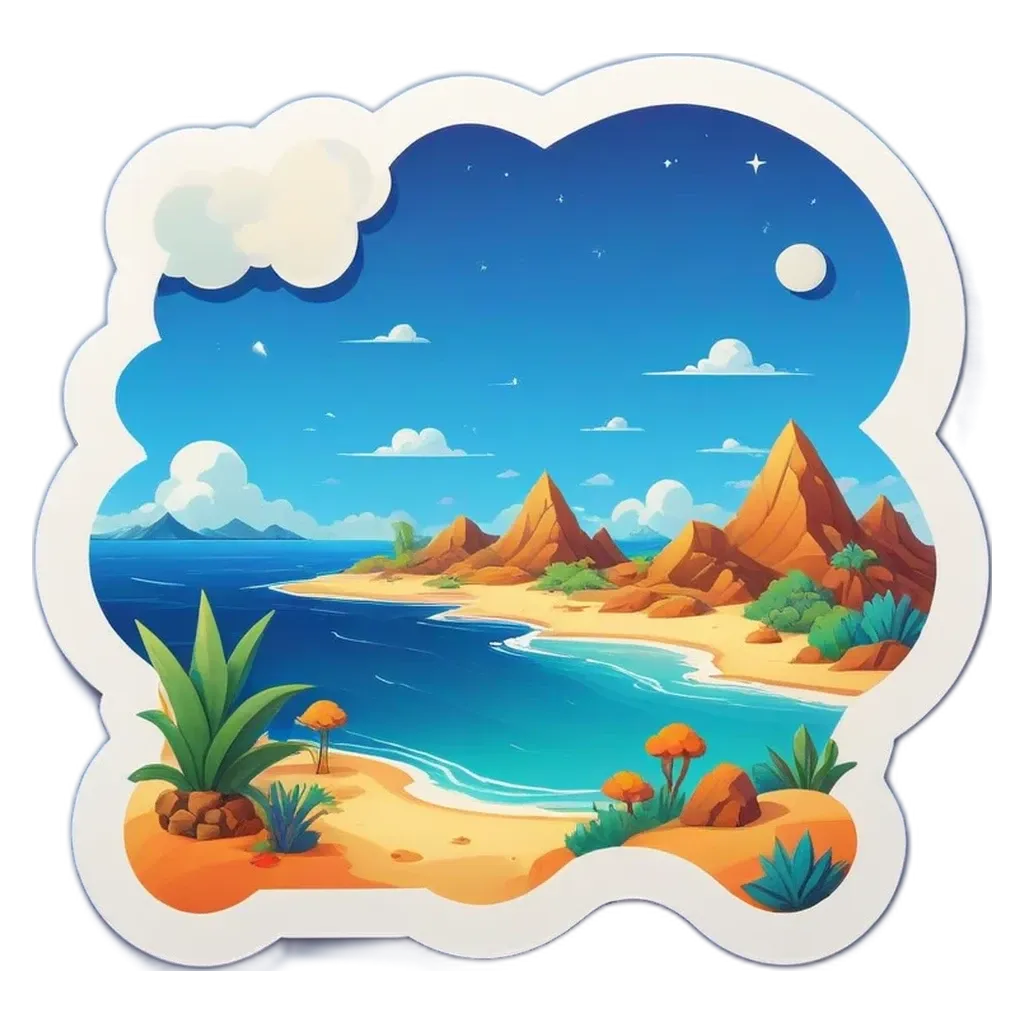 A landscape with a beach and mountains is shown on a sticker.