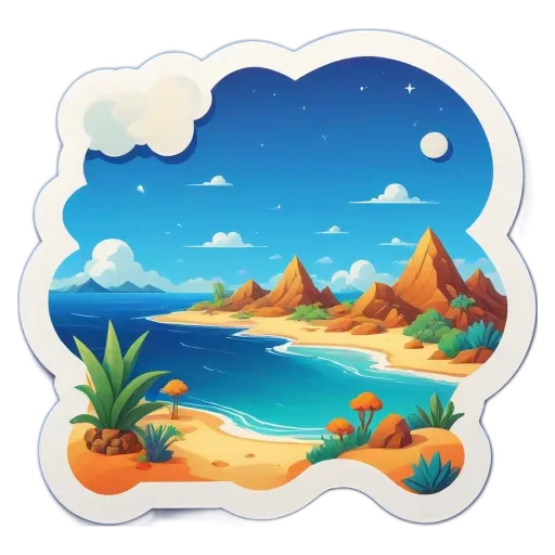 A landscape with a beach and mountains is shown on a sticker.