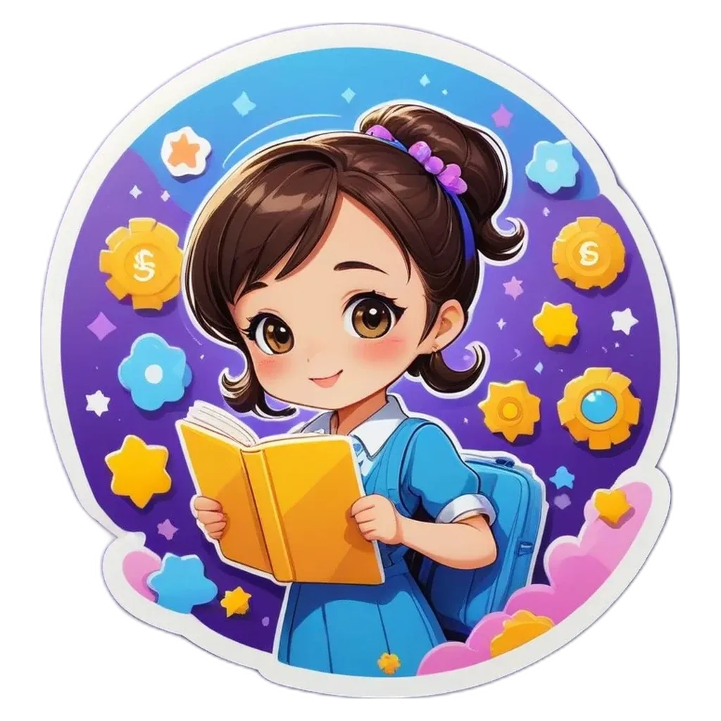 A girl reading a book with a sticker that has a girl on it.