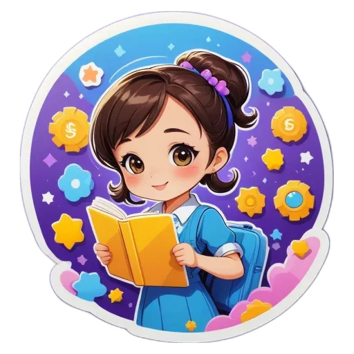 A girl reading a book with a sticker that has a girl on it.
