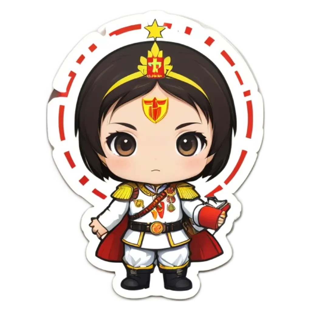 A girl with a red and white costume holding a red book.