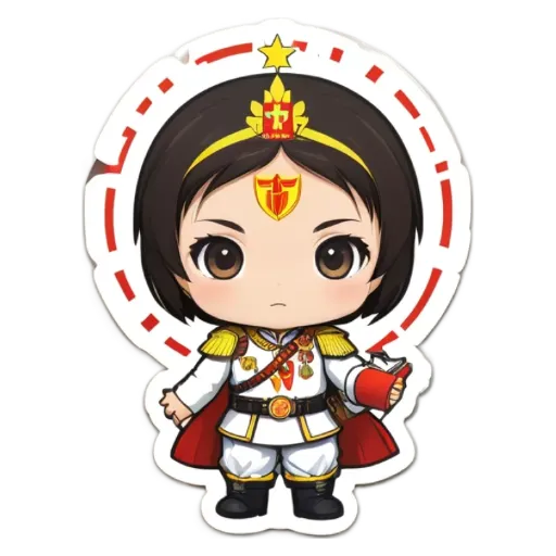 A girl with a red and white costume holding a red book.